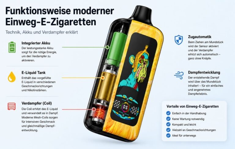 Funktionsweise moderner Einweg-E-Zigaretten: Technik, Akku und Verdampfer erklärt Funktionsweise moderner Einweg-E-Zigaretten Technik, Akku und Verdampfer erklärt